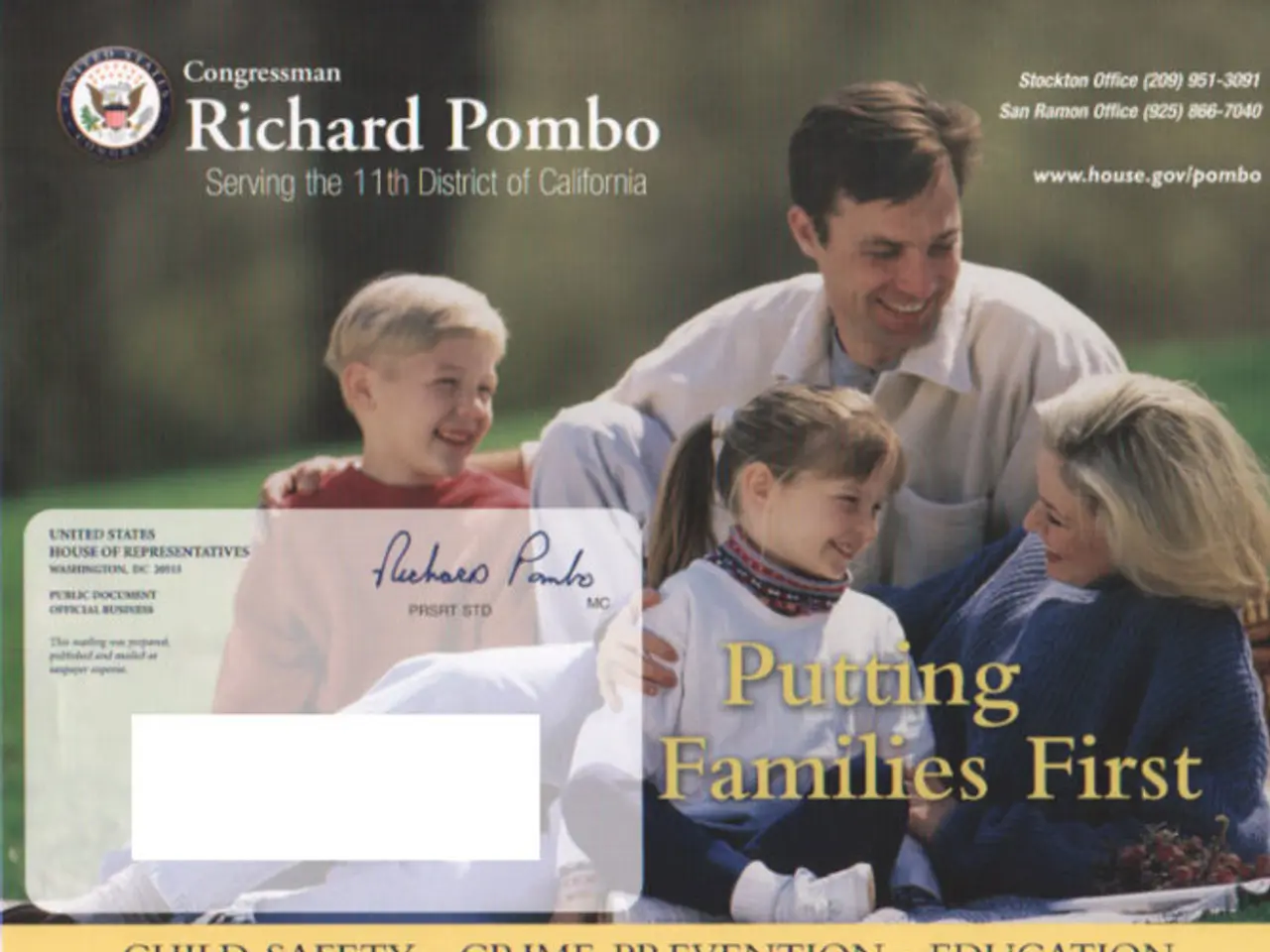 In this picture I can see photos, words, logo, signature and numbers on the brochure.