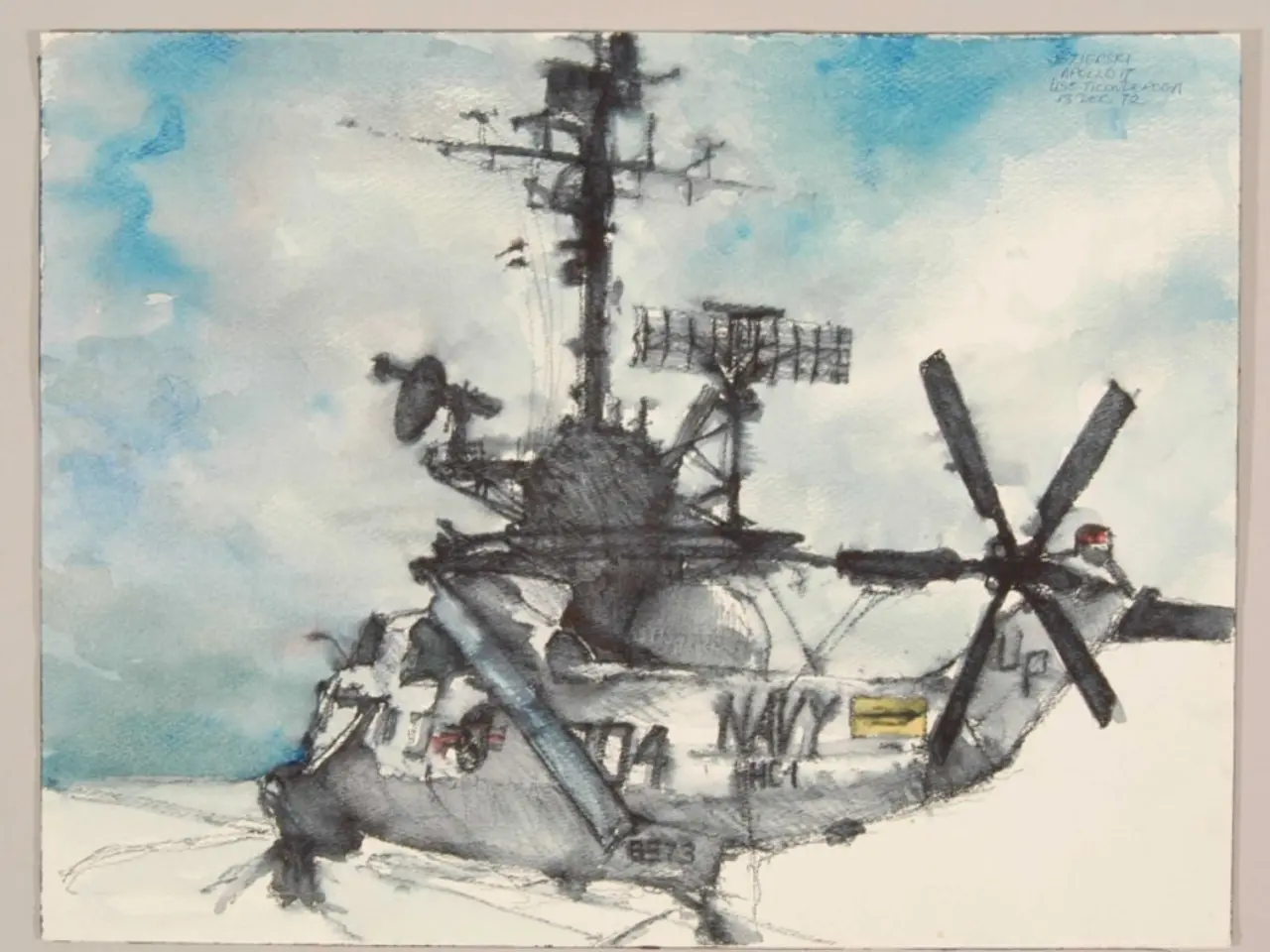 In this picture I can see there is a helicopter and it has few special equipment and the sky is...