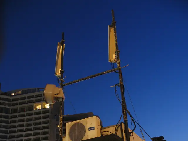 In this image we can see a container with an air conditioner, poles and a ladder which is placed on...