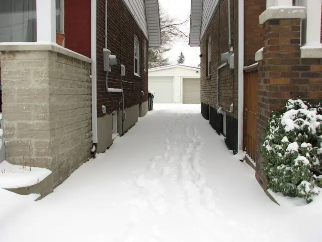 In the picture there are two houses and the land around the house is completely covered with snow...