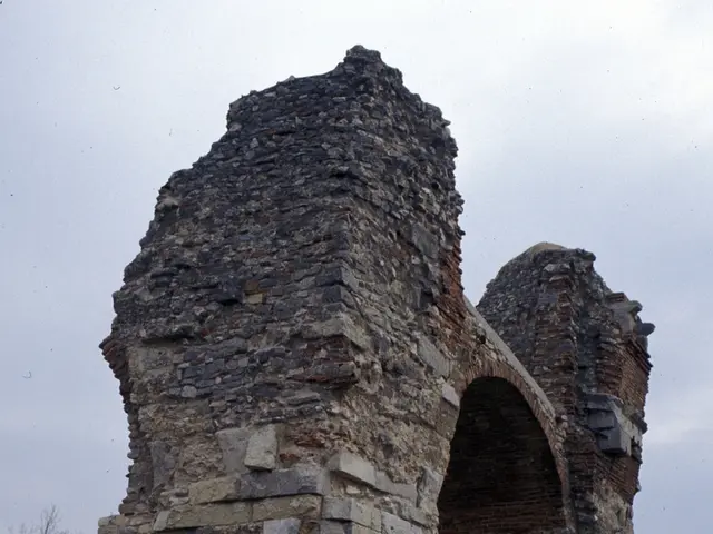 In this image there is a rock gate, behind the gate there are trees.