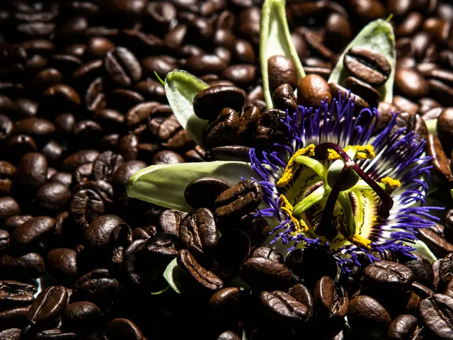 In this image at the bottom there are some coffee beans, and one flower.
