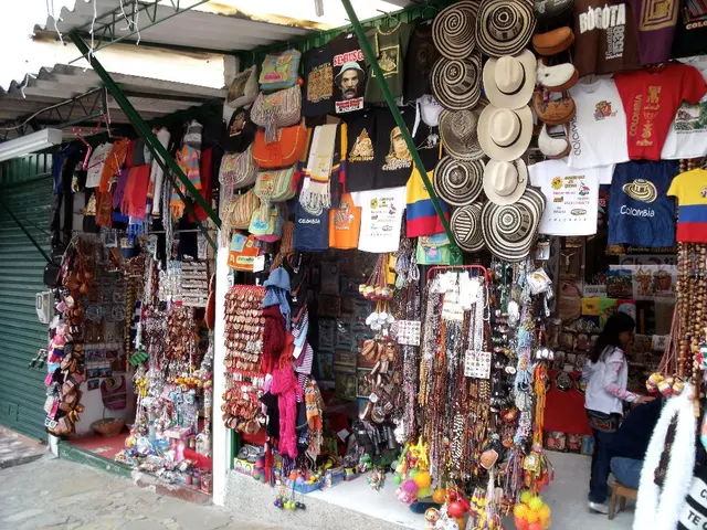 In this picture i can see there is a woman standing here and there are two stores, they have caps,...