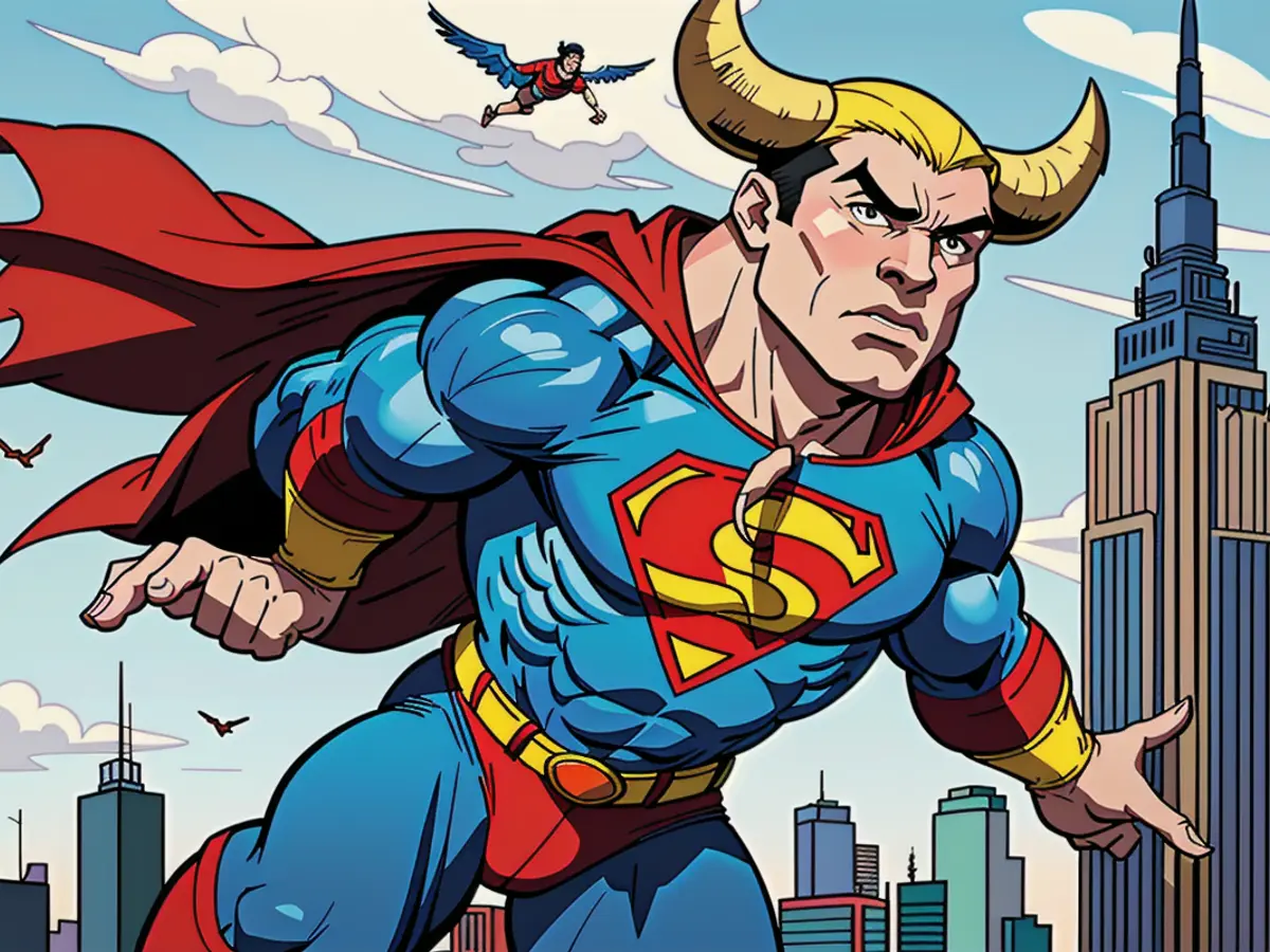 Sketch of a comic bull donning a Superman suit soaring over an urban landscape.