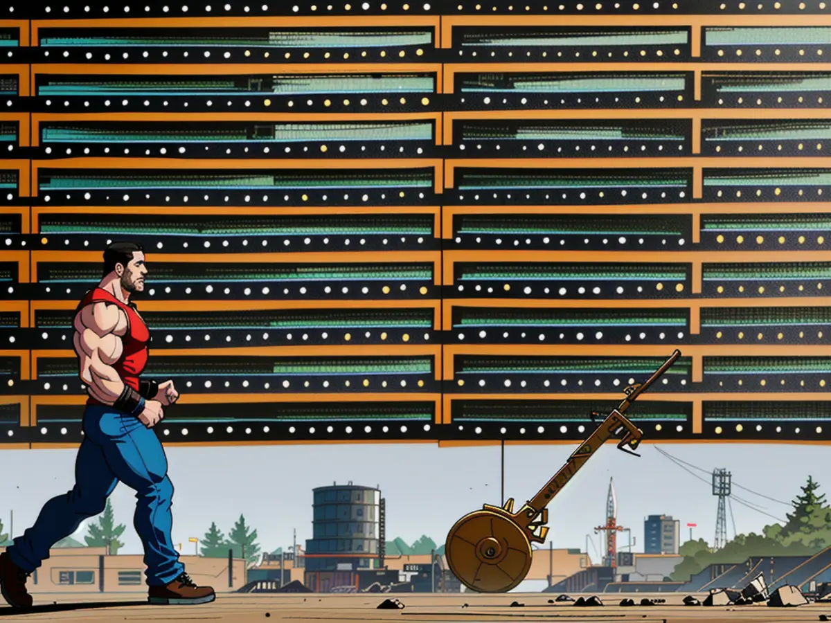 A laborer passes by Bitcoin mining operations at Bitfarms in Saint Hyacinthe, Quebec.