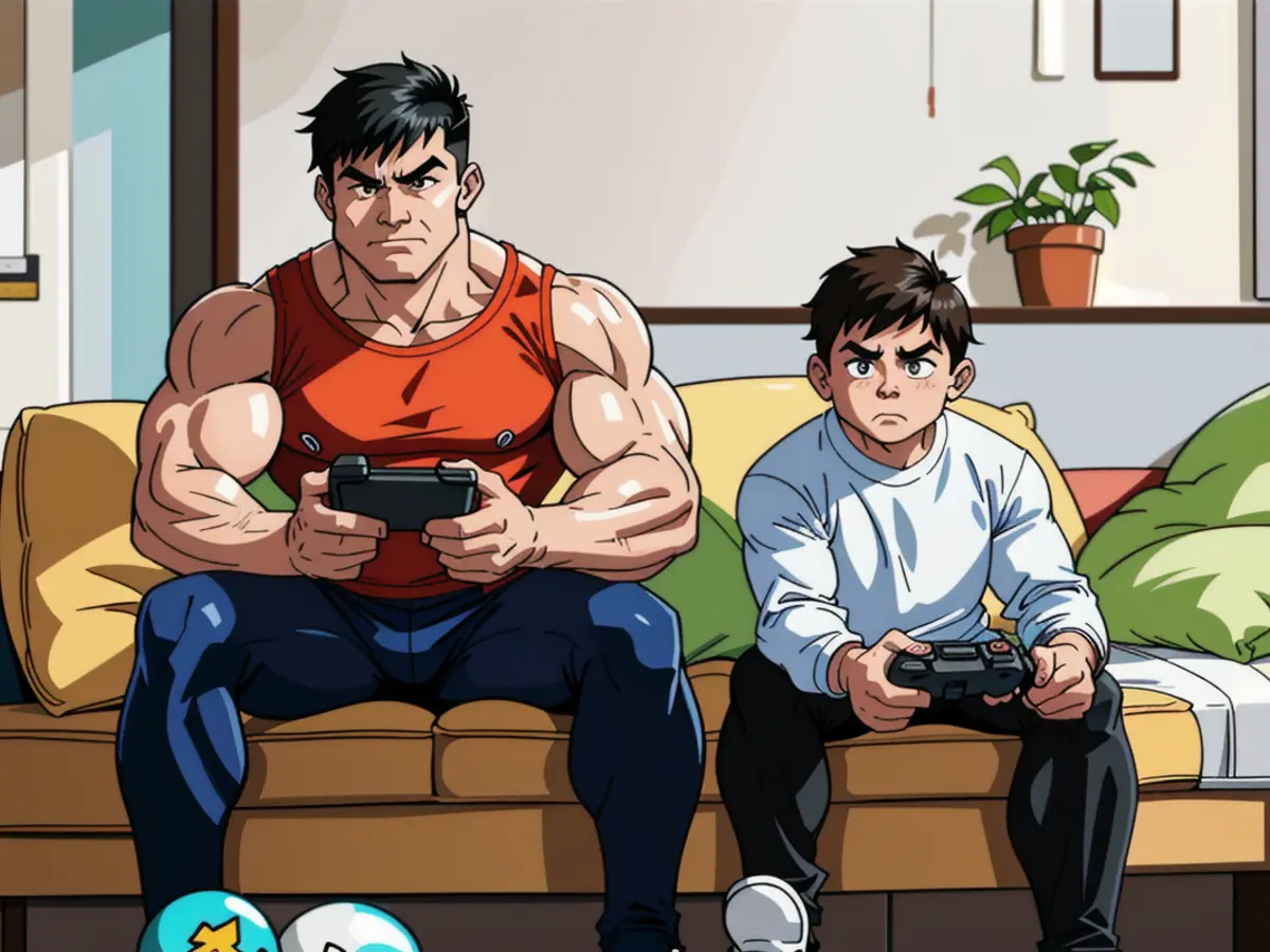 Two individuals, a parent and a child, engaged in a shared gaming experience, stationed side by side on a couch, each wielding a video game controller.